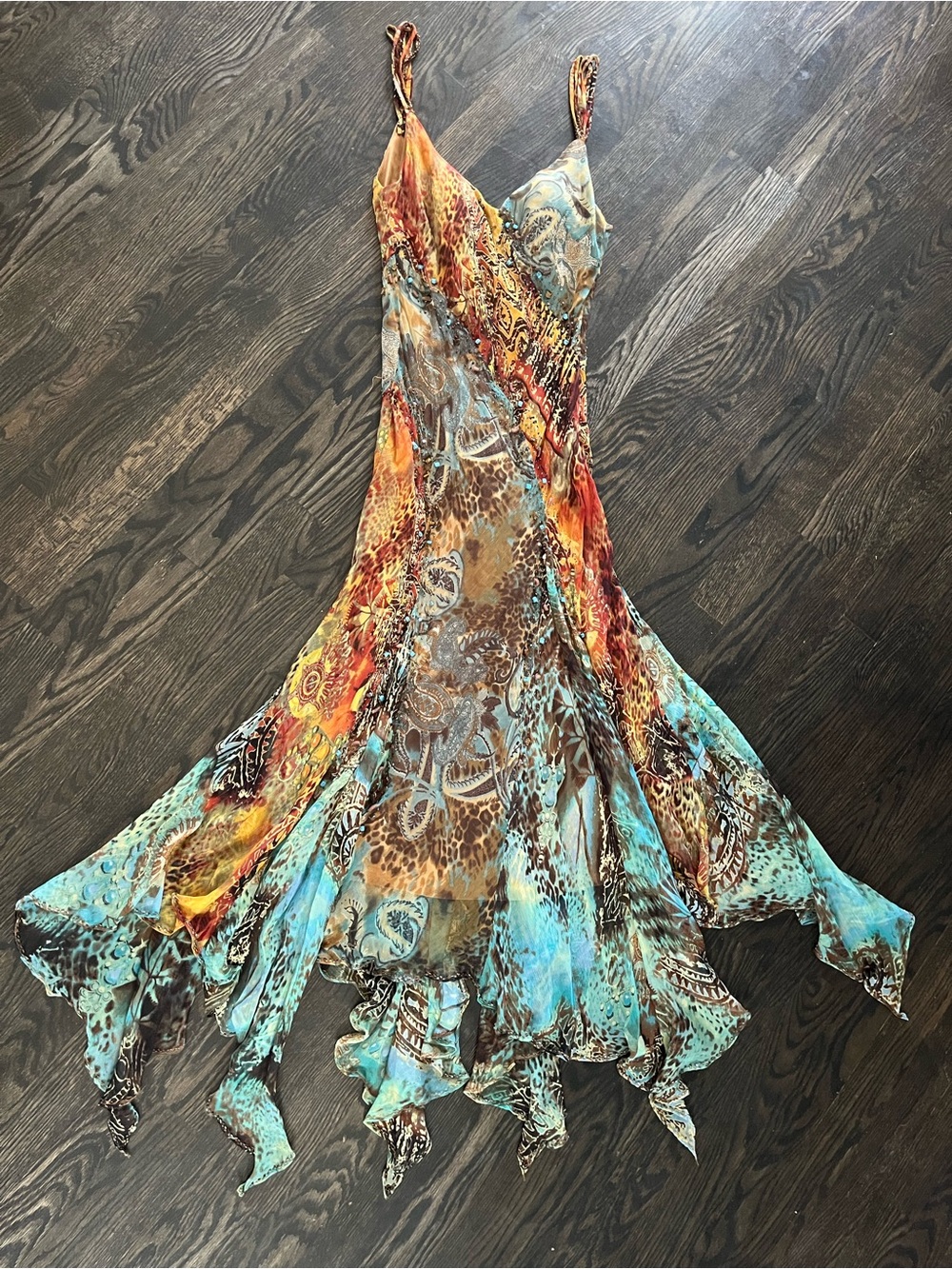 Sue Wong 100% Silk Teal Orange Handkerchief-Hem Fairy Beaded Maxi Dress Size 10